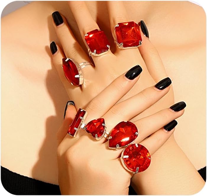 Uarein Chunky 7Pcs Silver Crystal Knuckle Rings Set Geometric Rhinestone Waterdrop Open Rings Stackable CZ Circle Square Finger Rings Jewelry Set for Women - Image 1